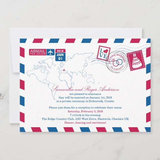 Croatia Air Mail Post Wedding Reception Invitation (Front)
