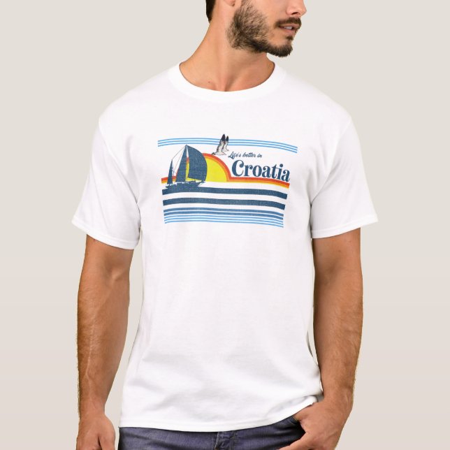 Croatia - Beach Retro 70S 80S Sailing Boat Sunset T-Shirt (Front)