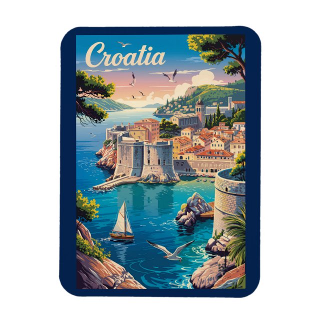 Croatia Dubrovnik Illustration Travel Art Vintage Magnet (Vertical)