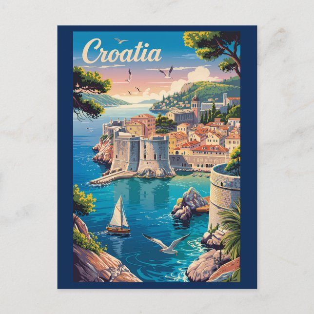 Croatia Dubrovnik Illustration Travel Art Vintage Postcard (Front)