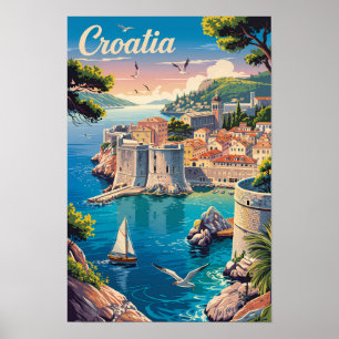 Croatia Dubrovnik Illustration Travel Art Vintage Poster