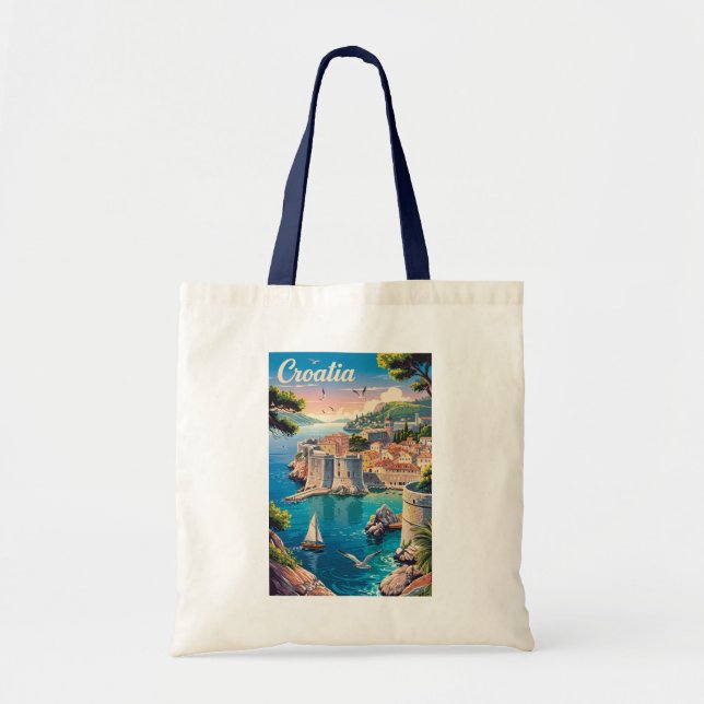 Croatia Dubrovnik Illustration Travel Art Vintage Tote Bag (Front)