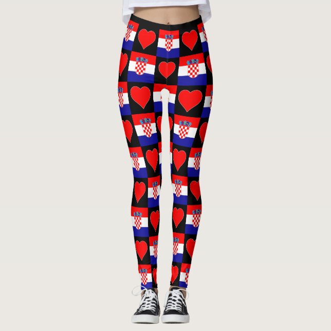 Croatia Flag Heart Pattern Cute Patriotic Croatian Leggings (Front)