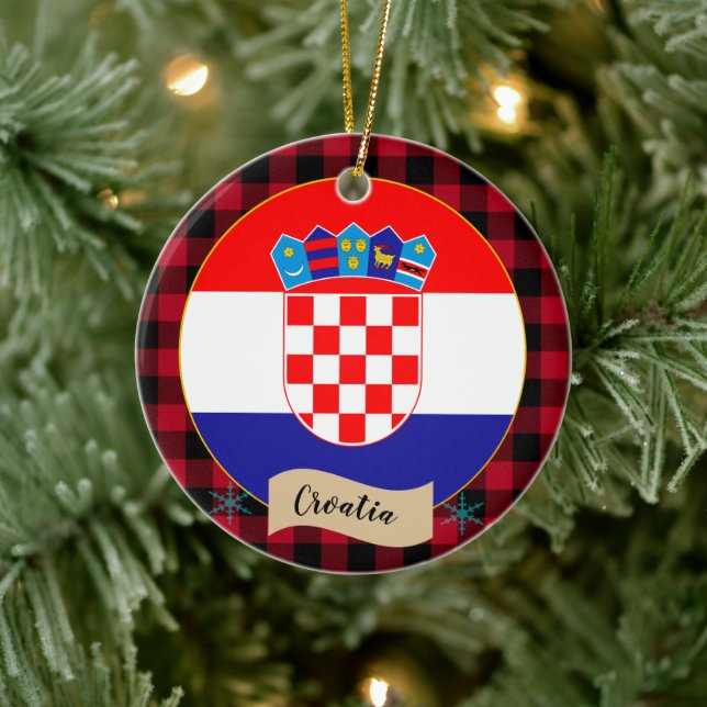 Croatia, Red buffalo plaid & Croatian Flag Ceramic Tree Decoration (Tree)