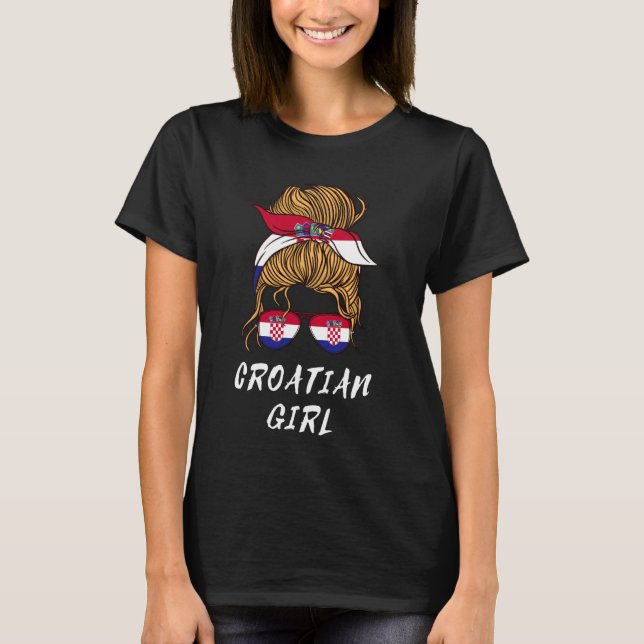 Croatian Flag Girl Pride Croatia Roots Messy Bun H T-Shirt (Front)