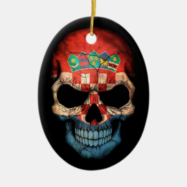 Croatian Flag Skull on Black Ceramic Tree Decoration (Front)