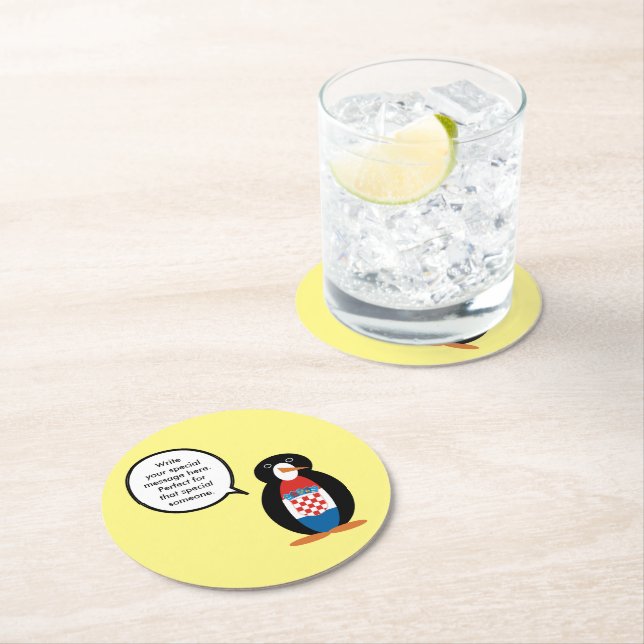 Croatian Flag Talking Ms Penguin Personalised  Round Paper Coaster (Insitu)