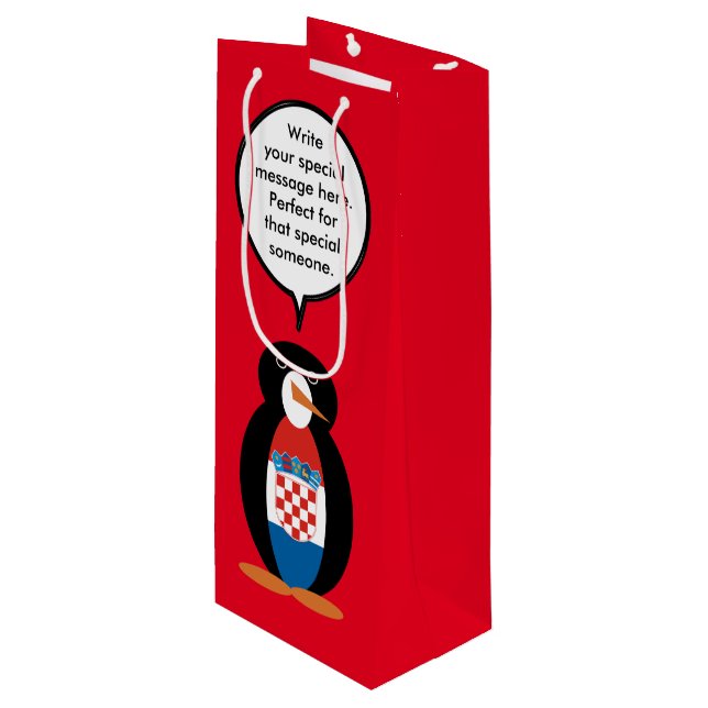 Croatian Flag Talking Ms Penguin Personalised  Wine Gift Bag (Front Angled)