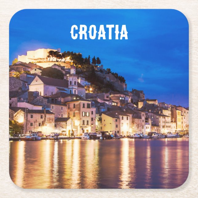 Croatian town Sibenik at night Square Paper Coaster (Front)