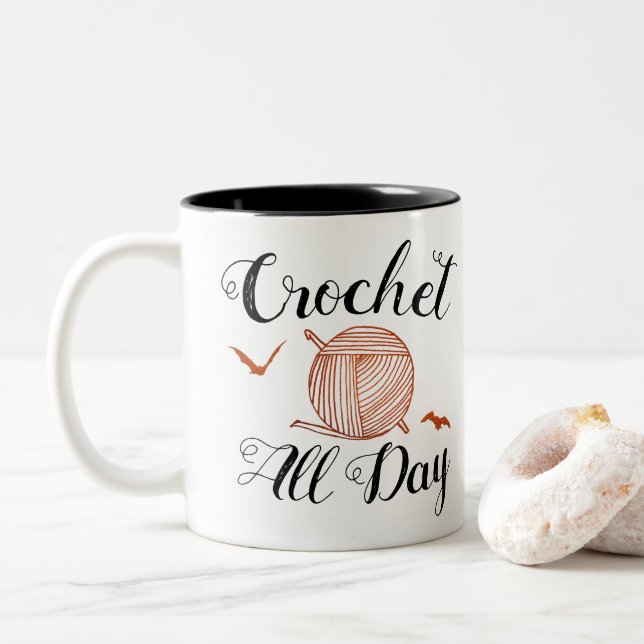 Crochet All Day Halloween Yarn + Bats Two-Tone Coffee Mug (With Donut)