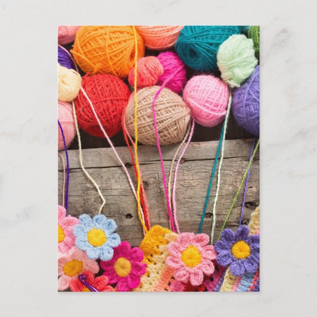Crochet Balls of Colourful Yarn and Flowers  Postcard (Front)