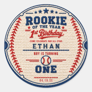Crochet Baseball Ticket 1st Birthday baby boy Classic Round Sticker
