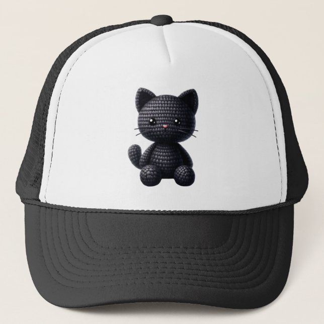 Crochet Black Kitten Trucker Hat (Front)