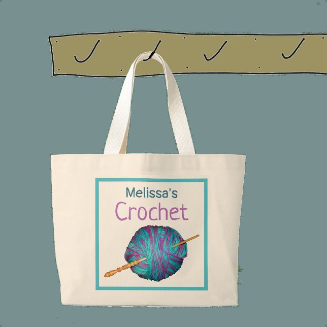 Crochet! Crochet hook and yarn, personalised. Larg Large Tote Bag (Creator Uploaded)