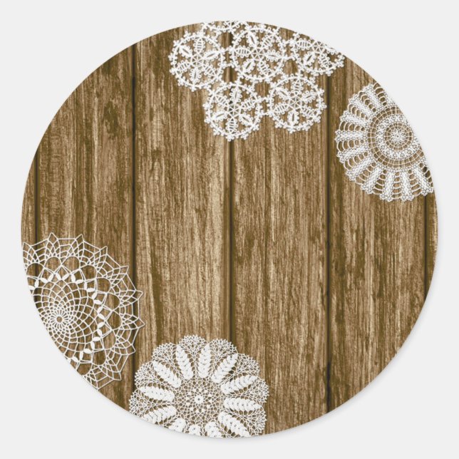 Crochet Doilies on Rustic Wood Country Farmhouse Classic Round Sticker (Front)