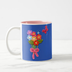 Crochet Flowers Butterfly and Bow Print Two-Tone Coffee Mug