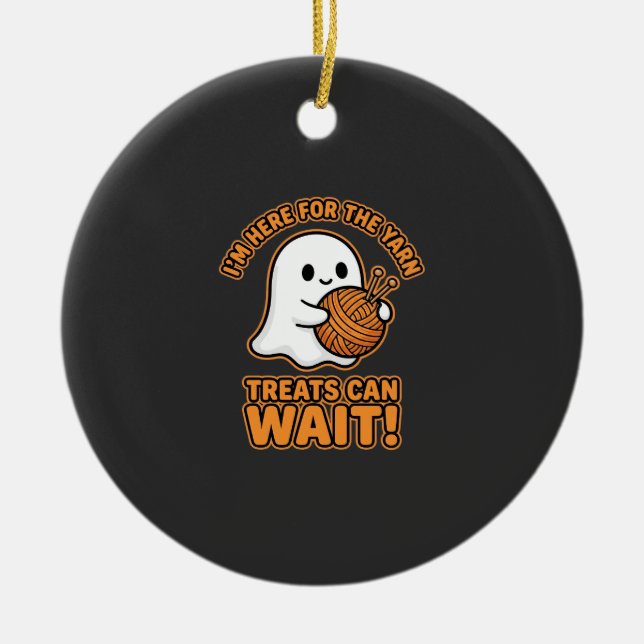 Crochet Ghost Yarn Halloween Design Ceramic Tree Decoration (Front)
