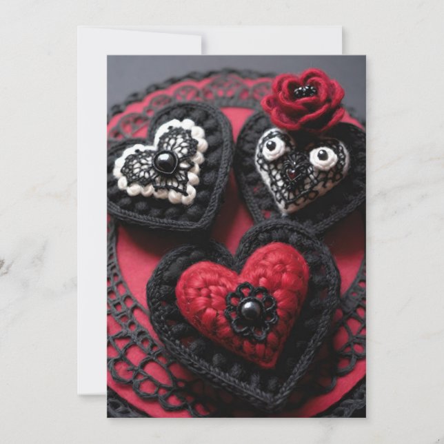 Crochet Gothic Valentine Red & Black Hearts Holiday Card (Front)