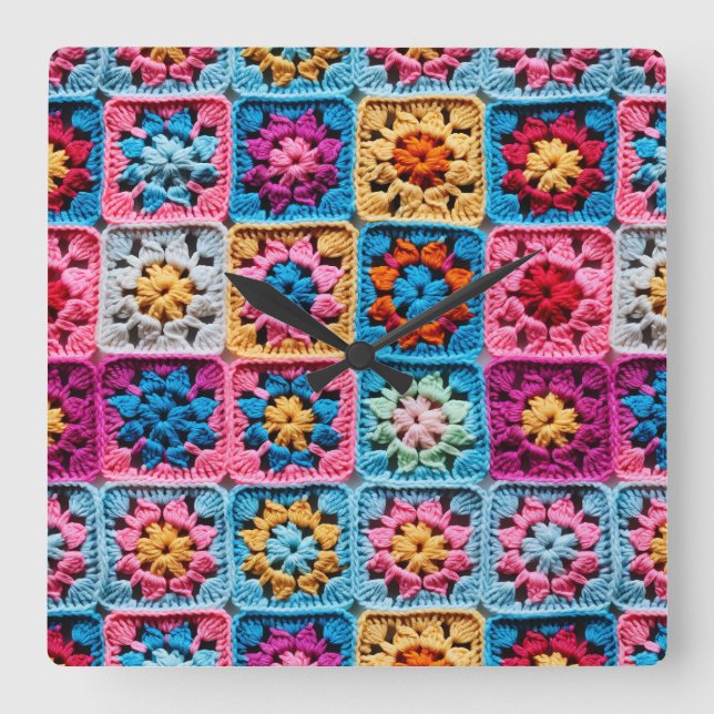 Crochet Granny Square Craft Square Wall Clock (Front)