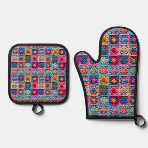 Crochet Granny Square Pattern Effect Oven Mitt & Pot Holder Set