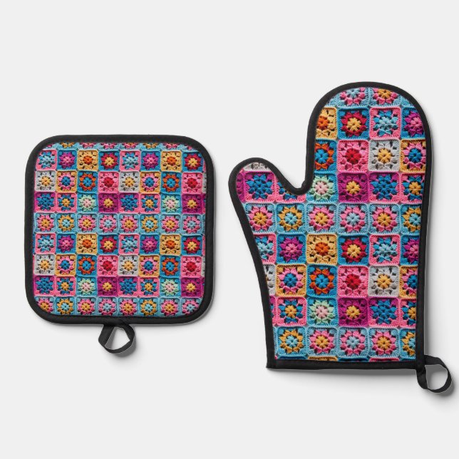 Crochet Granny Square Pattern Effect Oven Mitt & Pot Holder Set (Front)