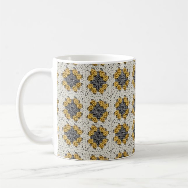 Crochet granny square yellow and grey coffee mug (Left)