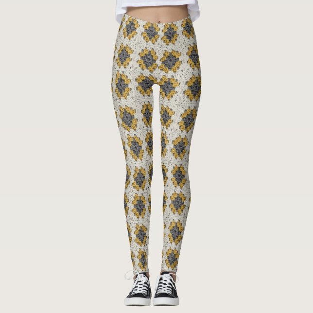 Crochet granny square yellow and grey leggings (Front)