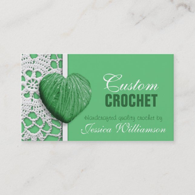 Crochet - Heart Shaped Yarn Green Business Cards (Front)