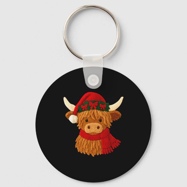 Crochet Highland Cow Christmas Winter Girly Kids T Key Ring (Front)