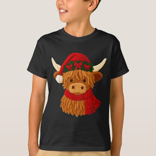 Crochet Highland Cow Christmas Winter Girly Kids T T-Shirt (Front)