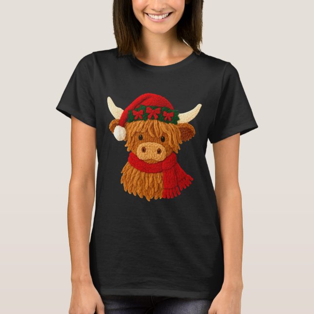 Crochet Highland Cow Christmas Winter Girly Kids T T-Shirt (Front)