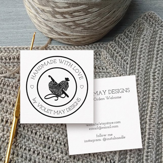 Crochet Hook and Yarn Badge Handmade with Love Square Business Card (Crochet business card to promote your handmade goods)