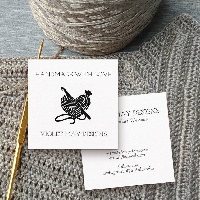 Crochet Hook and Yarn Heart Handmade with Love Square Business Card (Handmade with love business cards with crochet theme)