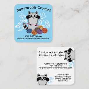 Crochet hook balls of yarn cute racoon square business card