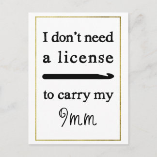Crochet Hook License Faux Gold Border Crafts Postcard