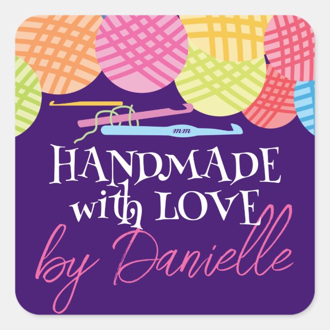Crochet hooks yarn balls handmade with love square sticker (Front)