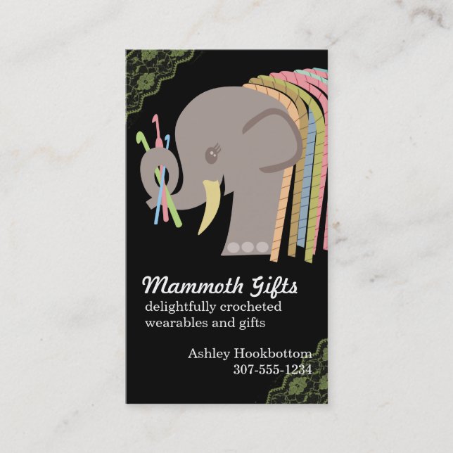 Crochet hooks yarn elephant woolly mammoth business card (Front)