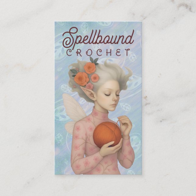 Crochet knitting handspun yarn fairy elf girl business card (Front)