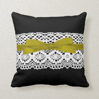 crochet lace effect yellow ribbon damask cushion