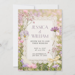 Crochet Lace Ribbon Wildflower Wedding Invitation