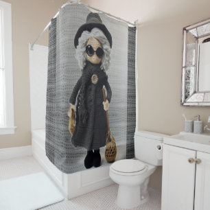 Crochet lady black dress and hat brown bag shower curtain