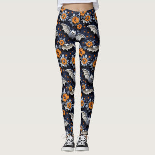 Crochet Look Halloween Bats and Orange Flowers Leggings
