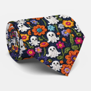 Crochet Look Halloween Ghosts and Orange Floral Tie