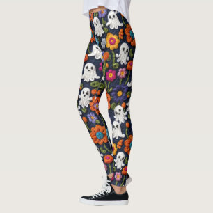Crochet Look Halloween Ghosts and Wildflowers Leggings