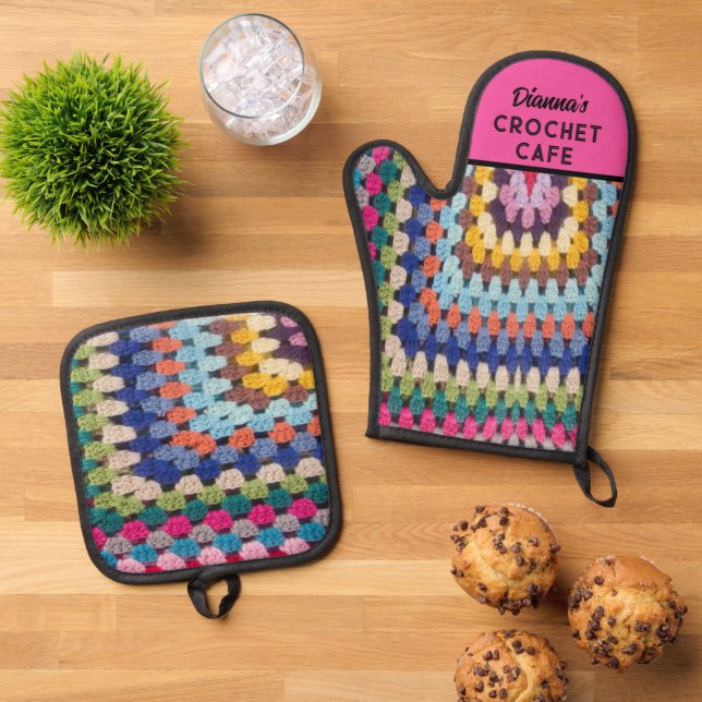 Crochet lover gift! Custom cute Oven Mitt & Pot Holder Set (Top Down)
