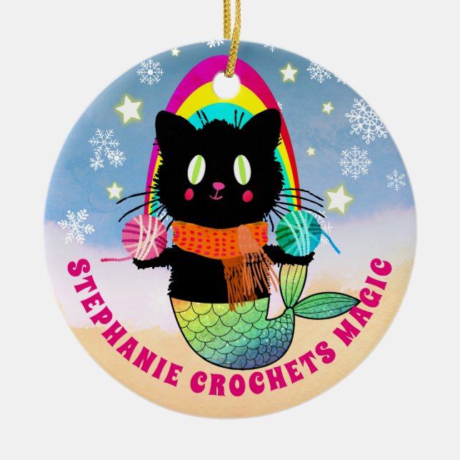  Crochet magic personalised mermaid cat yarn Ceramic Tree Decoration (Front)