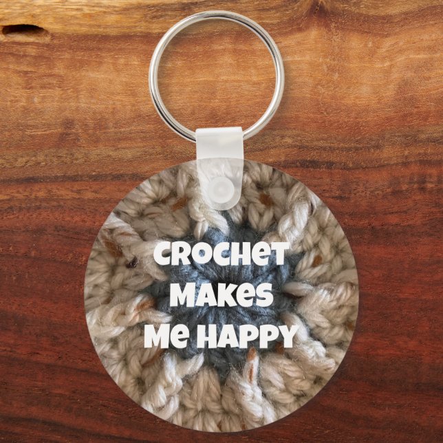 Crochet Makes Me Happy Crafter Handmade Yarn Key Ring (Front)
