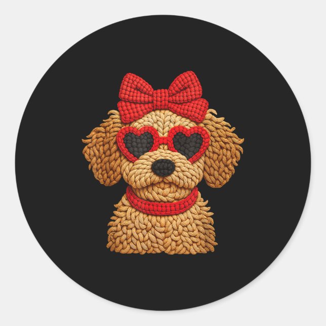 Crochet Puppy Heart Sungles Red Bow Valentines Day Classic Round Sticker (Front)