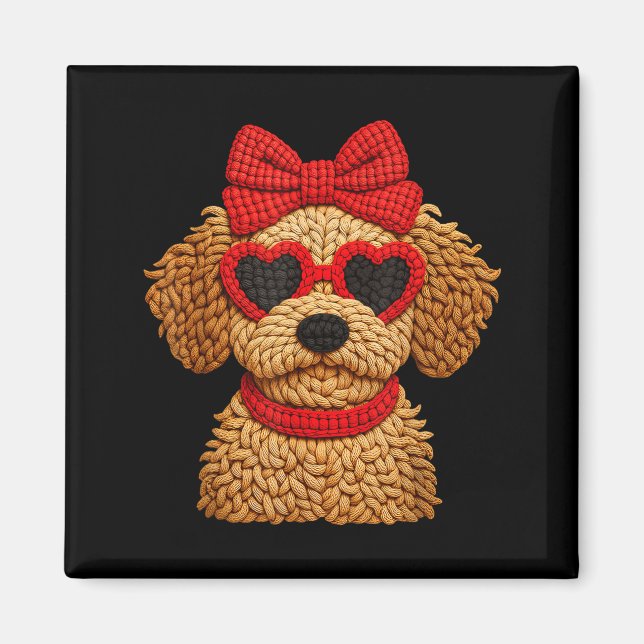 Crochet Puppy Heart Sungles Red Bow Valentines Day Magnet (Front)