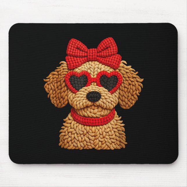 Crochet Puppy Heart Sungles Red Bow Valentines Day Mouse Mat (Front)